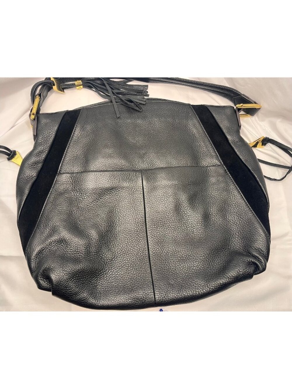 Aimee Kestenberg Black Leather Suede Stripe Hobo Shoulder Bag Gold Tassel - Picture 3 of 12